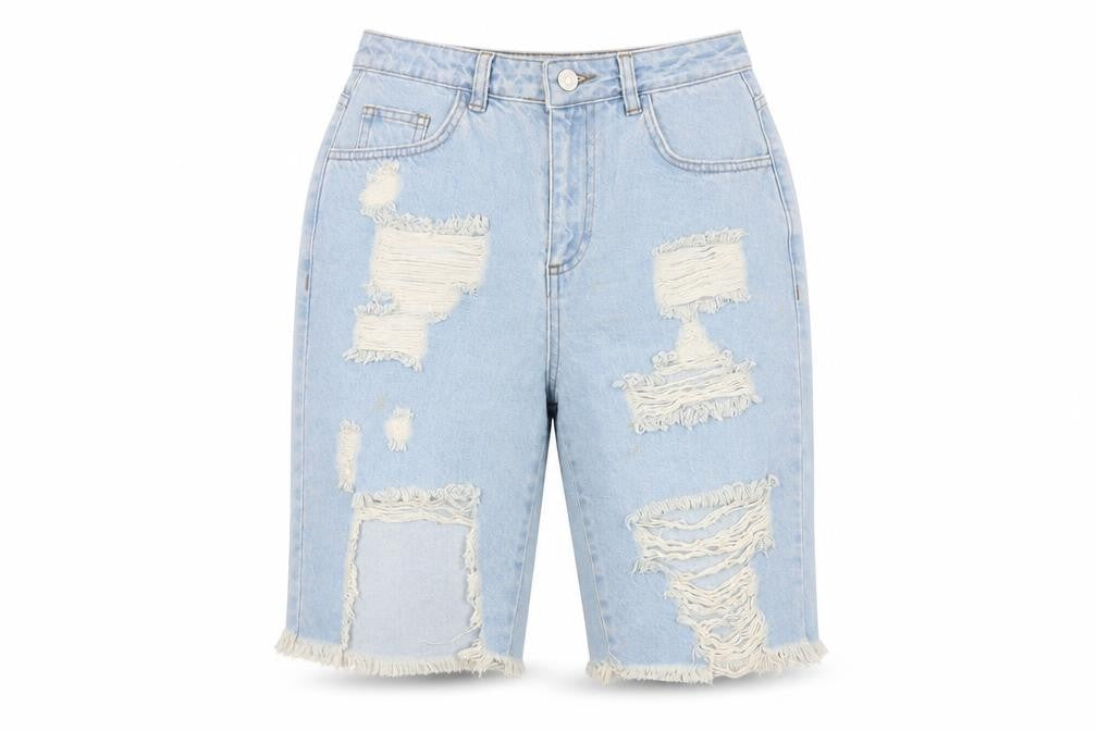 Motel Rocks Women’s Blue Distressed Denim Bermuda Shorts UK 8