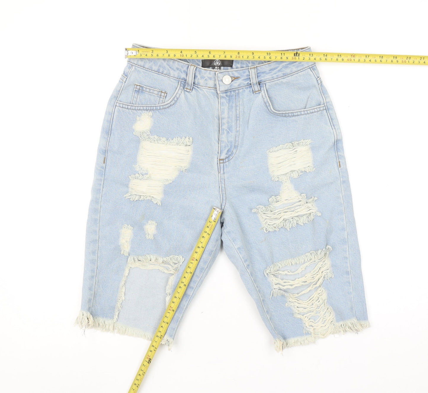 Motel Women’s Blue Distressed Denim Bermuda Shorts UK 8