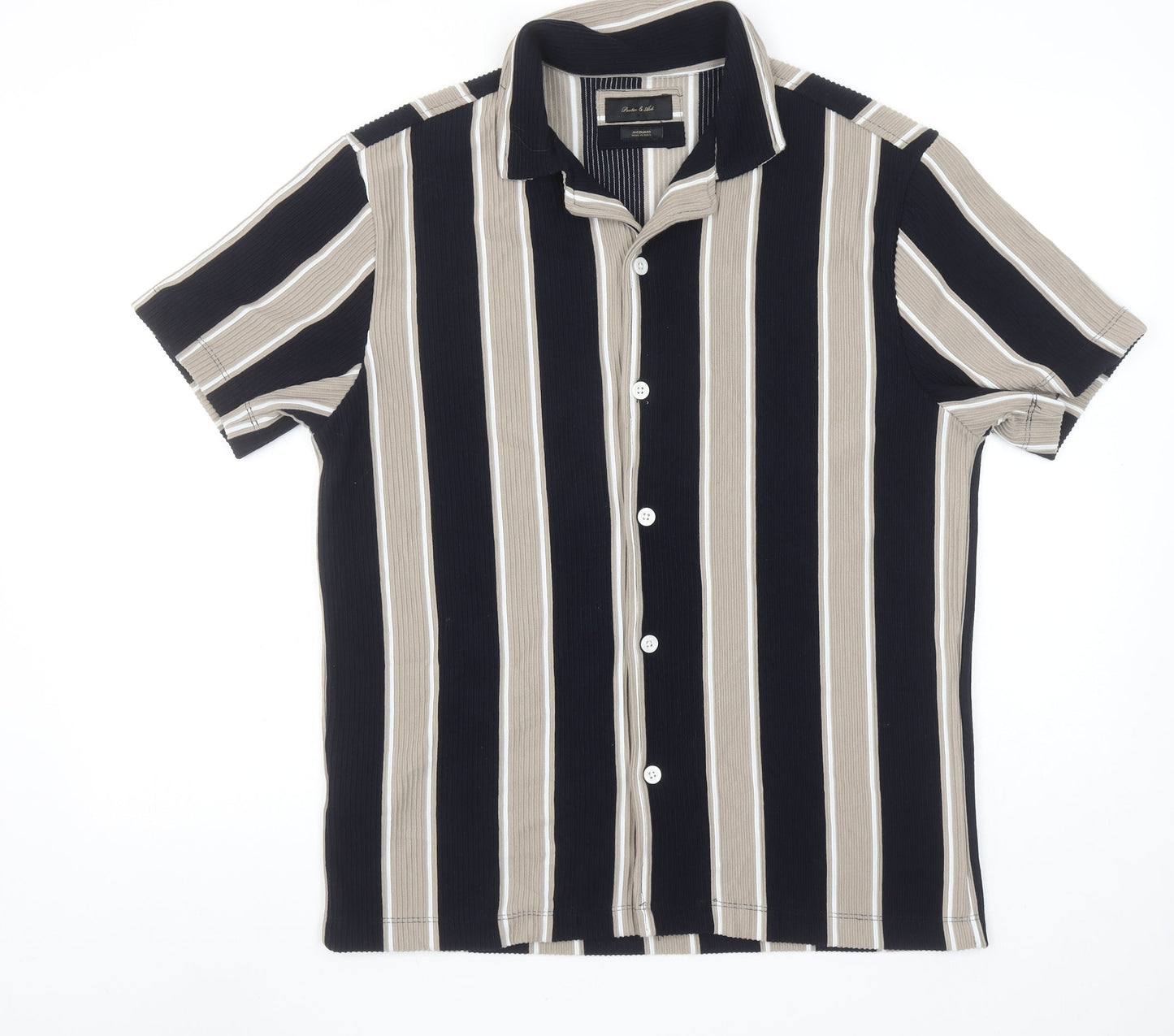 Porter & Ash Men's Beige Black Stripe Jacquard Short Sleeve Shirt L