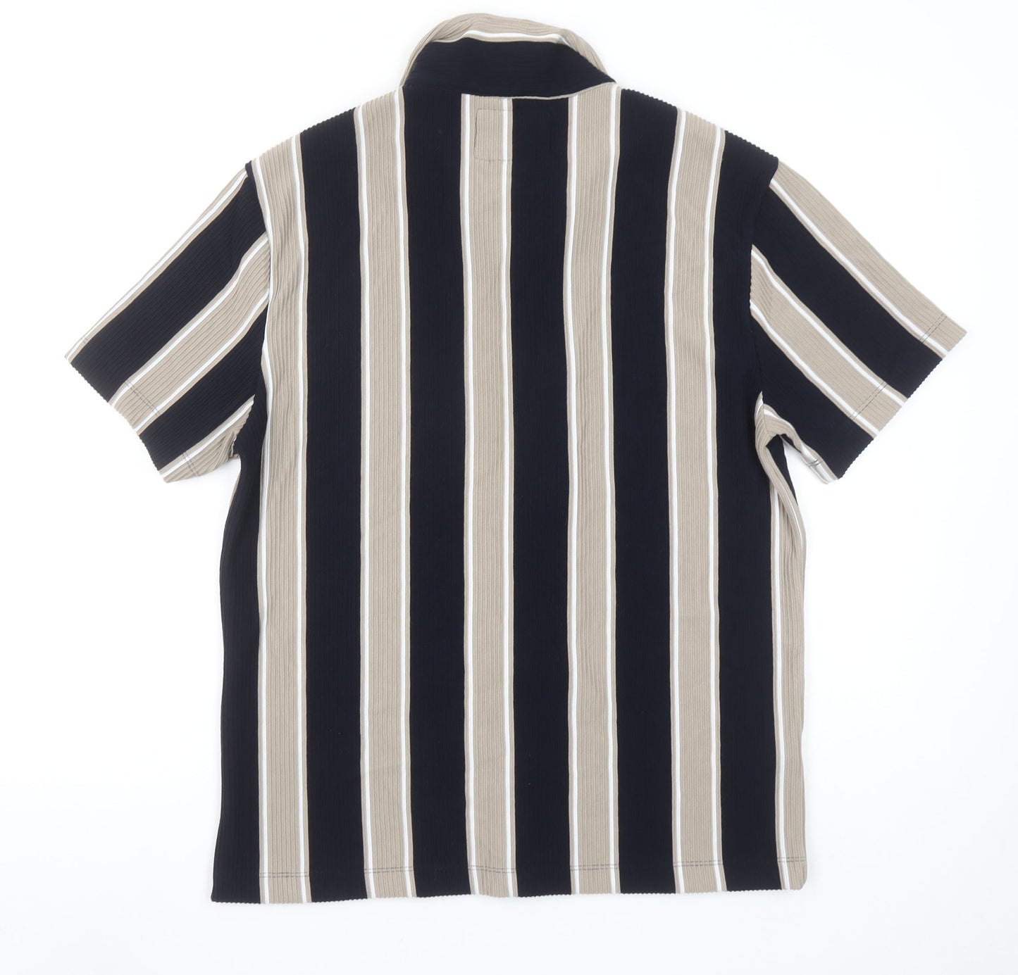 Porter & Ash Men's Beige Black Stripe Jacquard Short Sleeve Shirt L