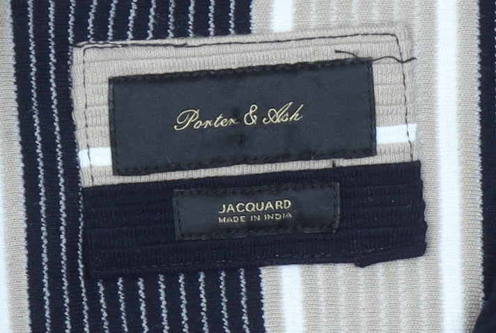 Porter & Ash Men's Beige Black Stripe Jacquard Short Sleeve Shirt L