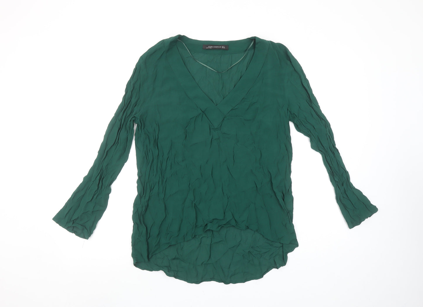 Zara Women Green Long Sleeve V-Neck Tunic Blouse Size L