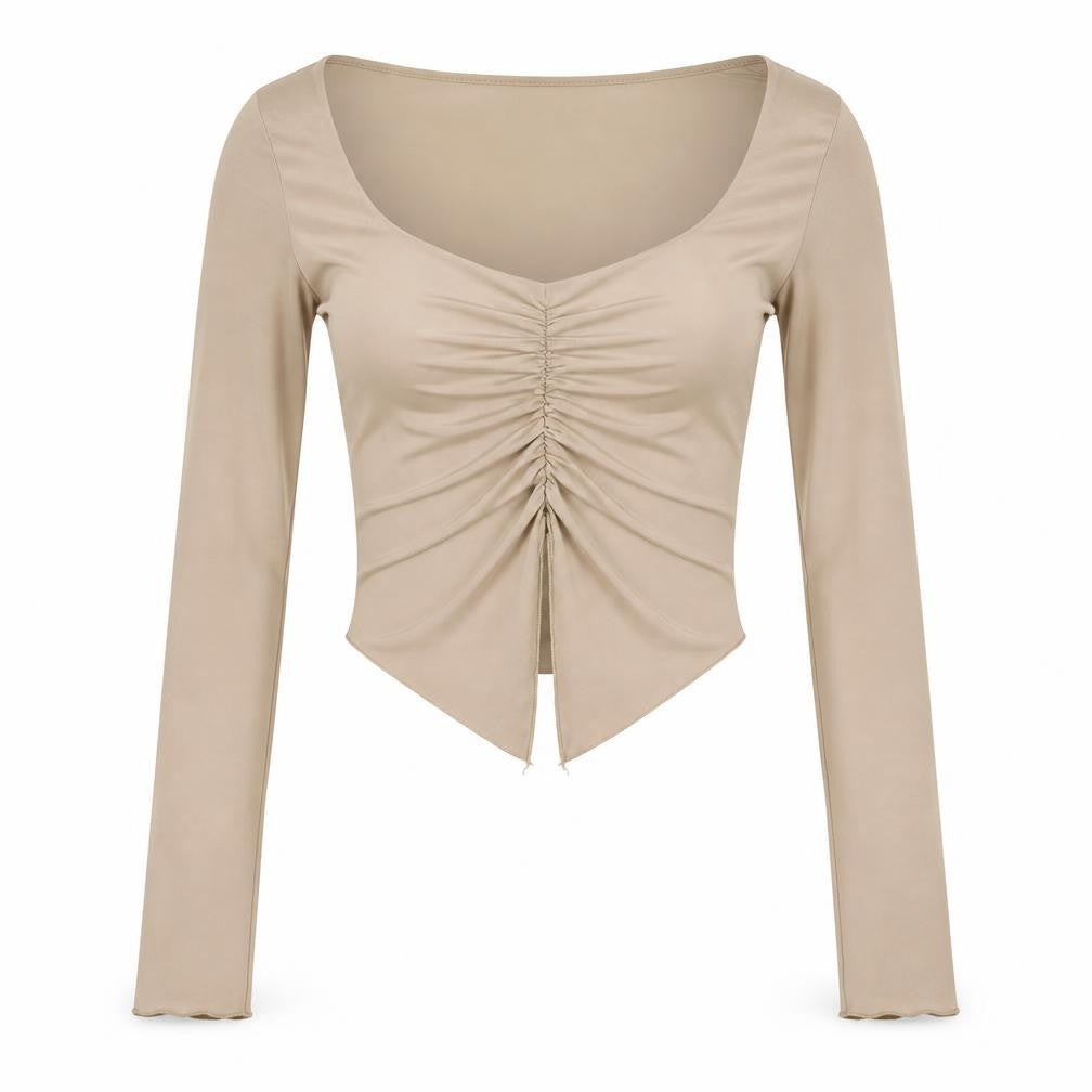 Pink Vanilla Womens Beige Cropped Long Sleeve Sweetheart Blouse Size S