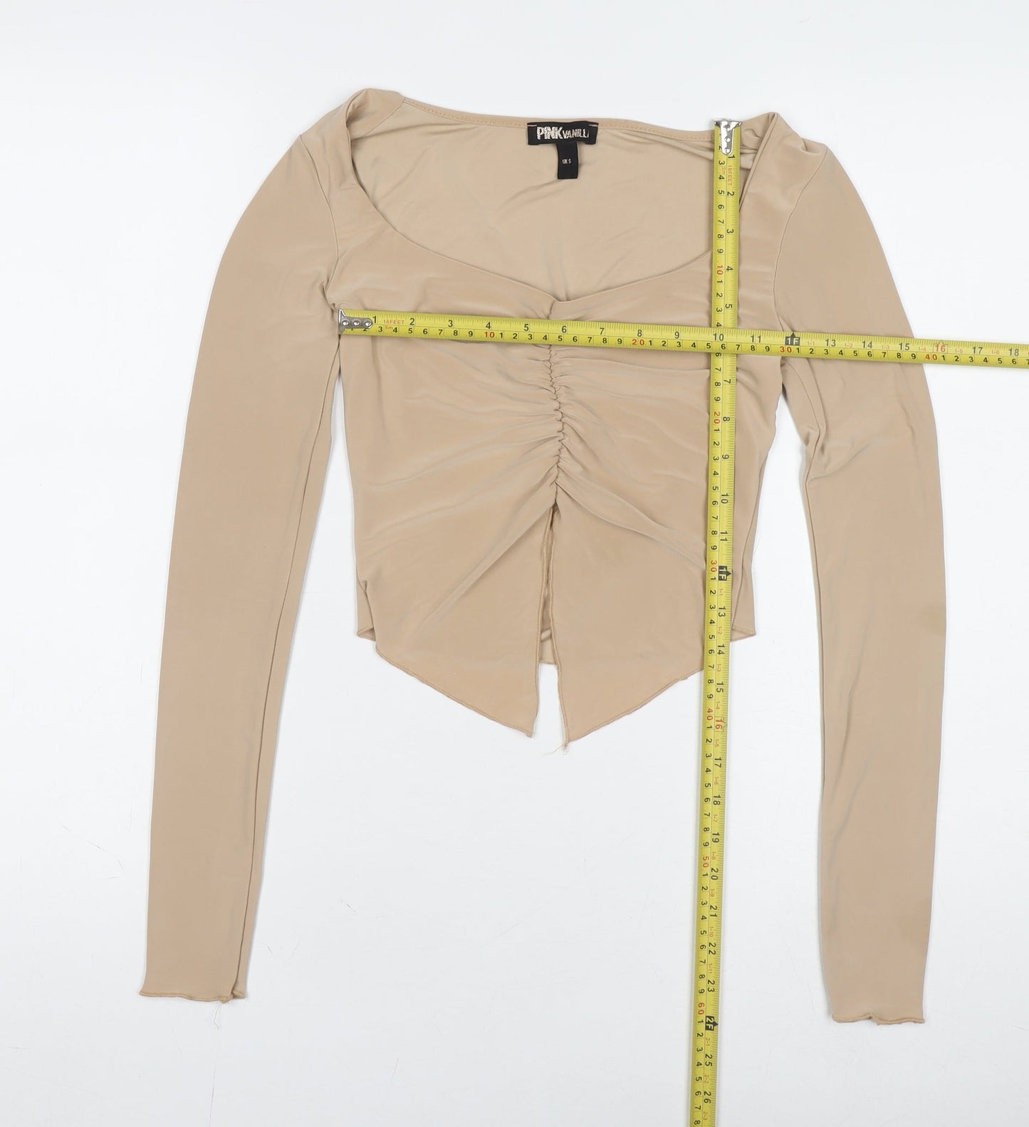 Pink Vanilla Womens Beige Cropped Long Sleeve Sweetheart Blouse Size S