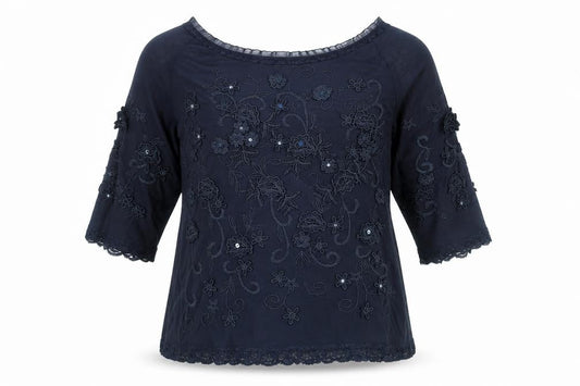 Jacques Vert Women's Navy Blue Embroidered Lace Tunic Blouse Size L