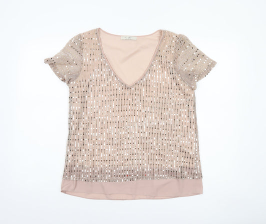 Oasis Women’s Beige Sequin V-Neck Short Sleeve Blouse Size 12