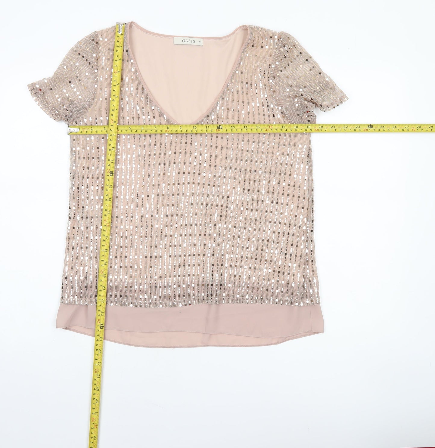 Oasis Women’s Beige Sequin V-Neck Short Sleeve Blouse Size 12