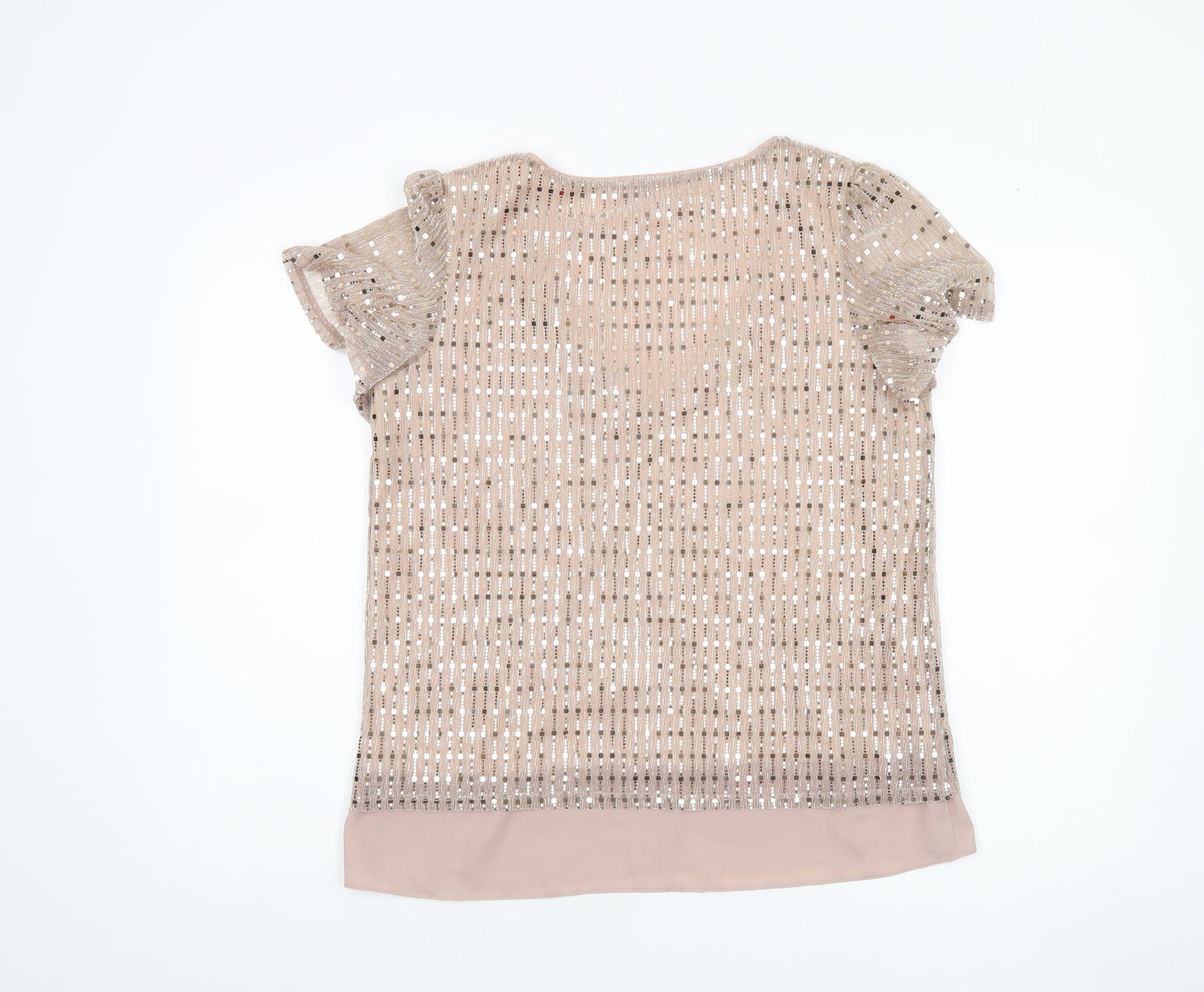 Oasis Women’s Beige Sequin V-Neck Short Sleeve Blouse Size 12