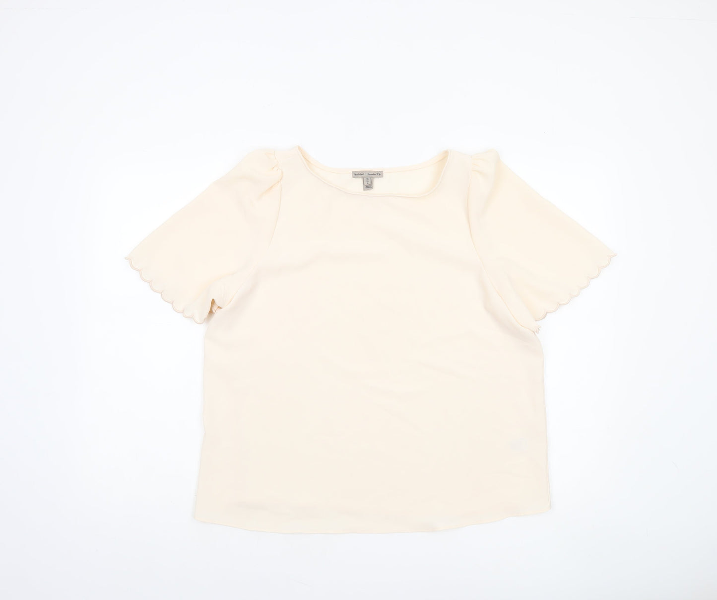 River Island Women's Beige Short Sleeve Scallop Edge Blouse Size 10