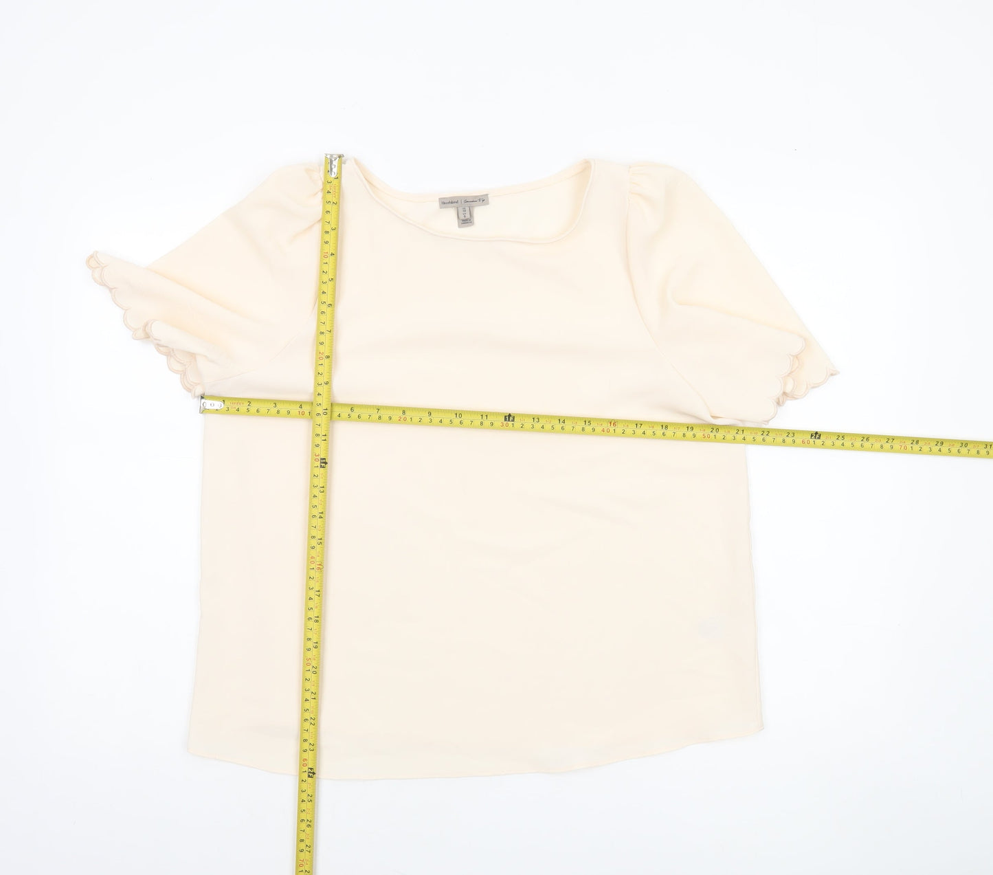 River Island Women's Beige Short Sleeve Scallop Edge Blouse Size 10