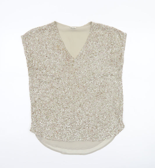 River Island Womens Beige Sequin V-Neck Tunic Blouse Size 8