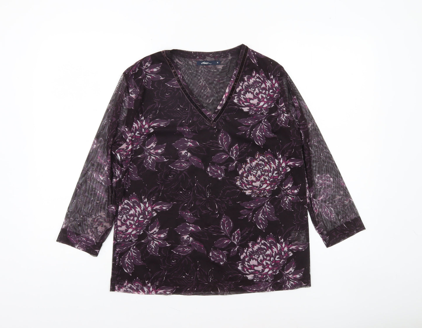 Dash Women's Purple Floral V-Neck Long Sleeve Mesh Top Size 14