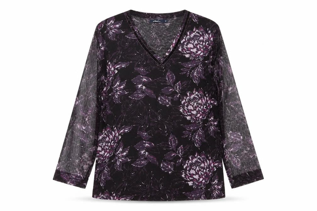 Dash Women's Purple Floral V-Neck Long Sleeve Mesh Top Size 14