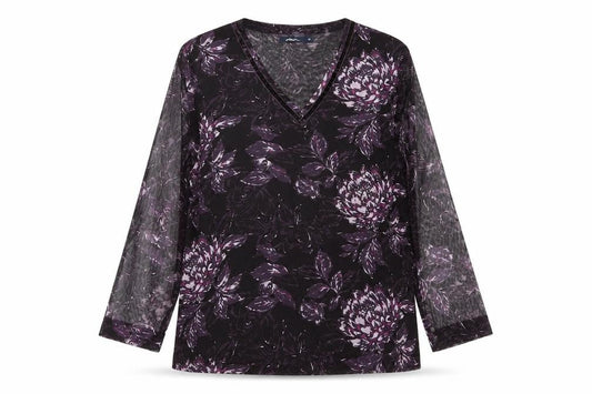 Dash Women's Purple Floral V-Neck Long Sleeve Mesh Top Size 14