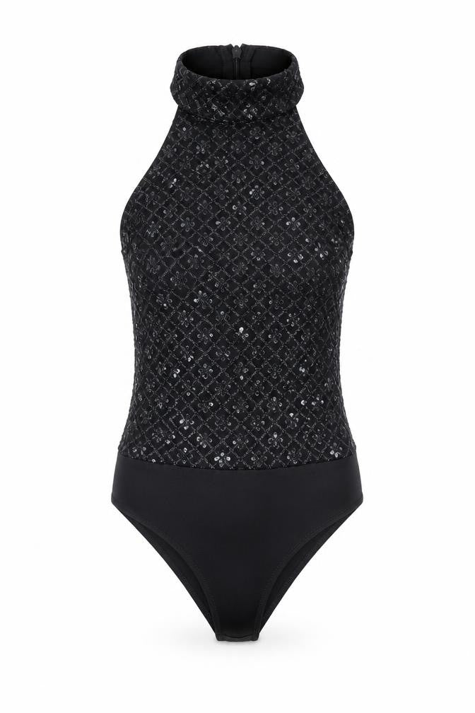 PrettyLittleThing Womens Black Sequin Halter Bodysuit UK 8