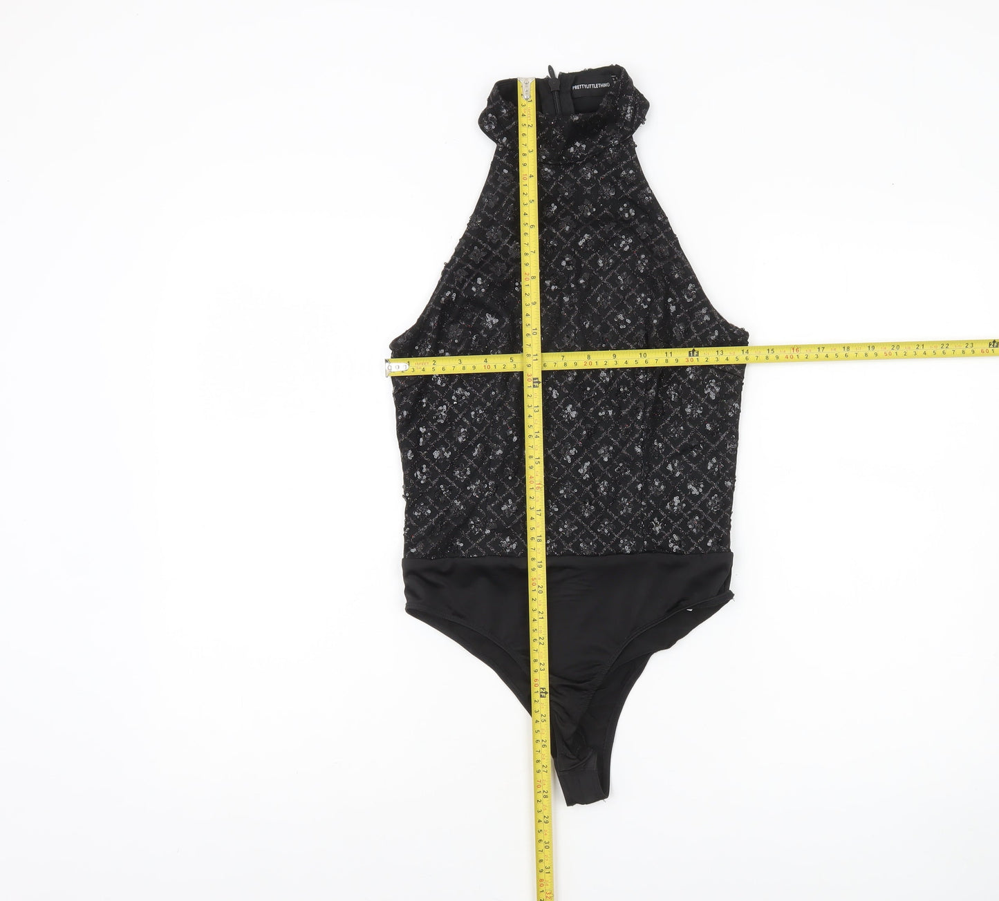 PrettyLittleThing Womens Black Sequin Halter Bodysuit UK 8