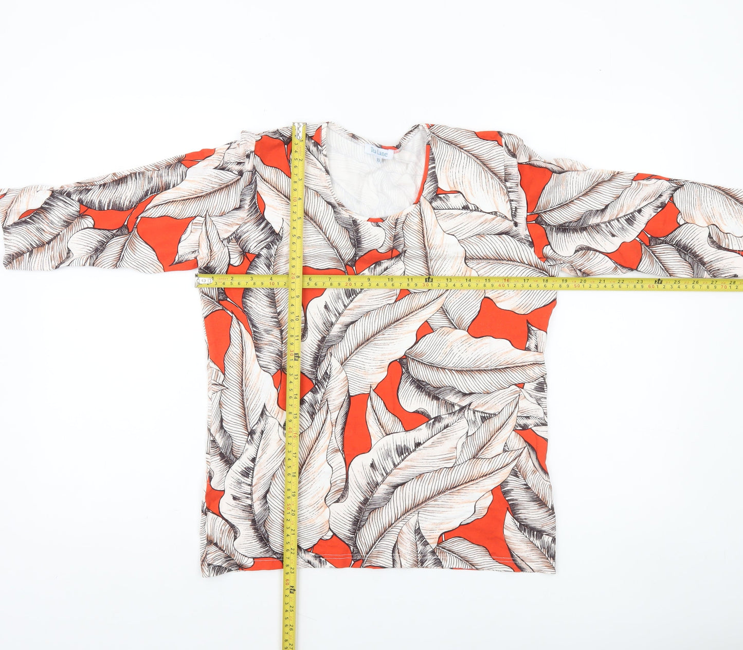 Tea Lane Womens Orange Leaf Print 3/4 Sleeve Tunic Blouse Size 10