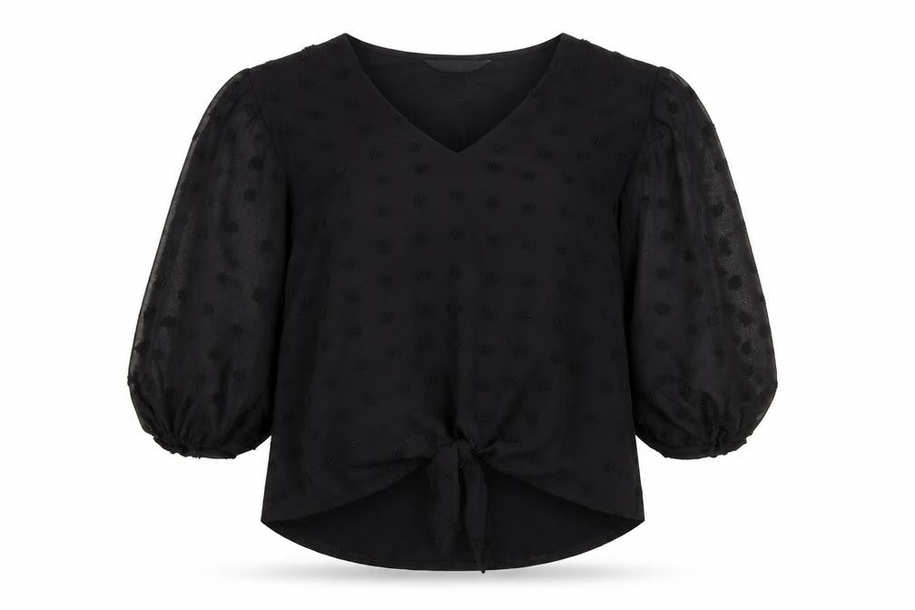 F&F Women’s Black Sheer Polka Dot Tie Front Tunic Blouse Size 8