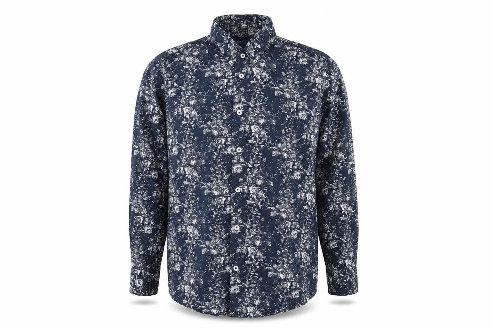 Easy Men's Blue Floral Long Sleeve Button-Up Shirt XL