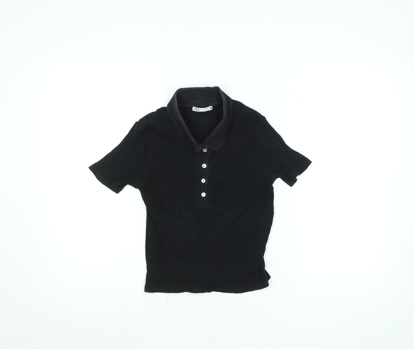 Zara Womens Black Slim Fit Polo Shirt Size S Short Sleeve Collared Top