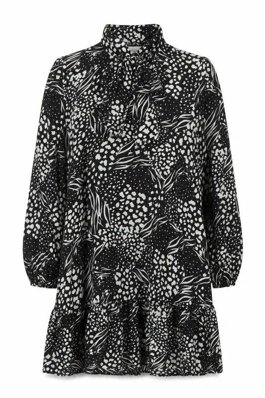 F&F Women’s Black Animal Print High Neck Long Sleeve Knee Dress Size 16
