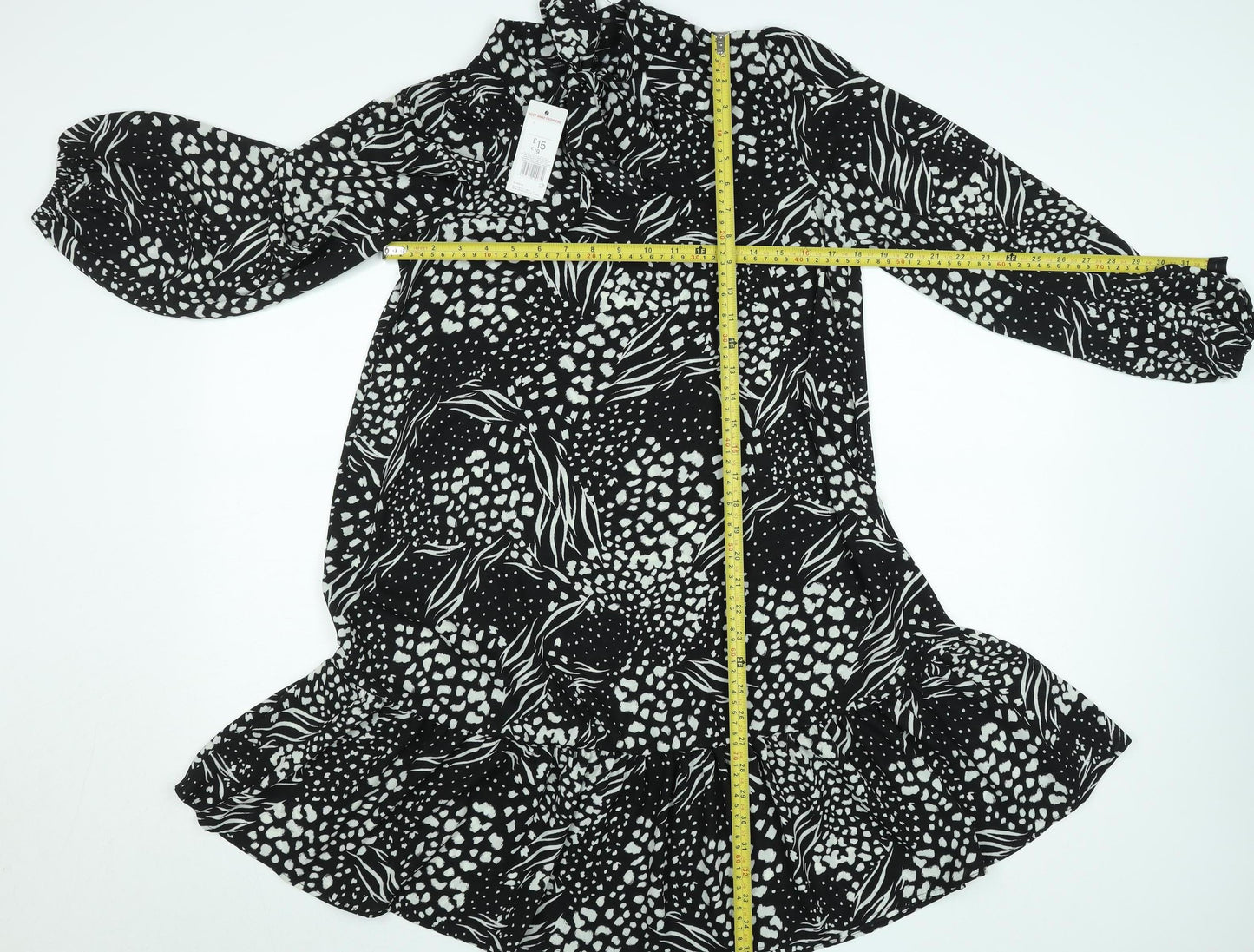 F&F Women’s Black Animal Print High Neck Long Sleeve Knee Dress Size 16