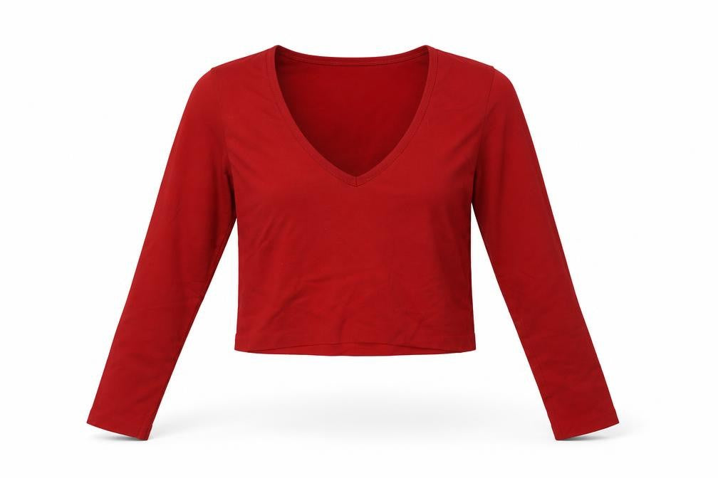 Urban Outfitters Women's Red Cropped Long Sleeve V-Neck Top L
