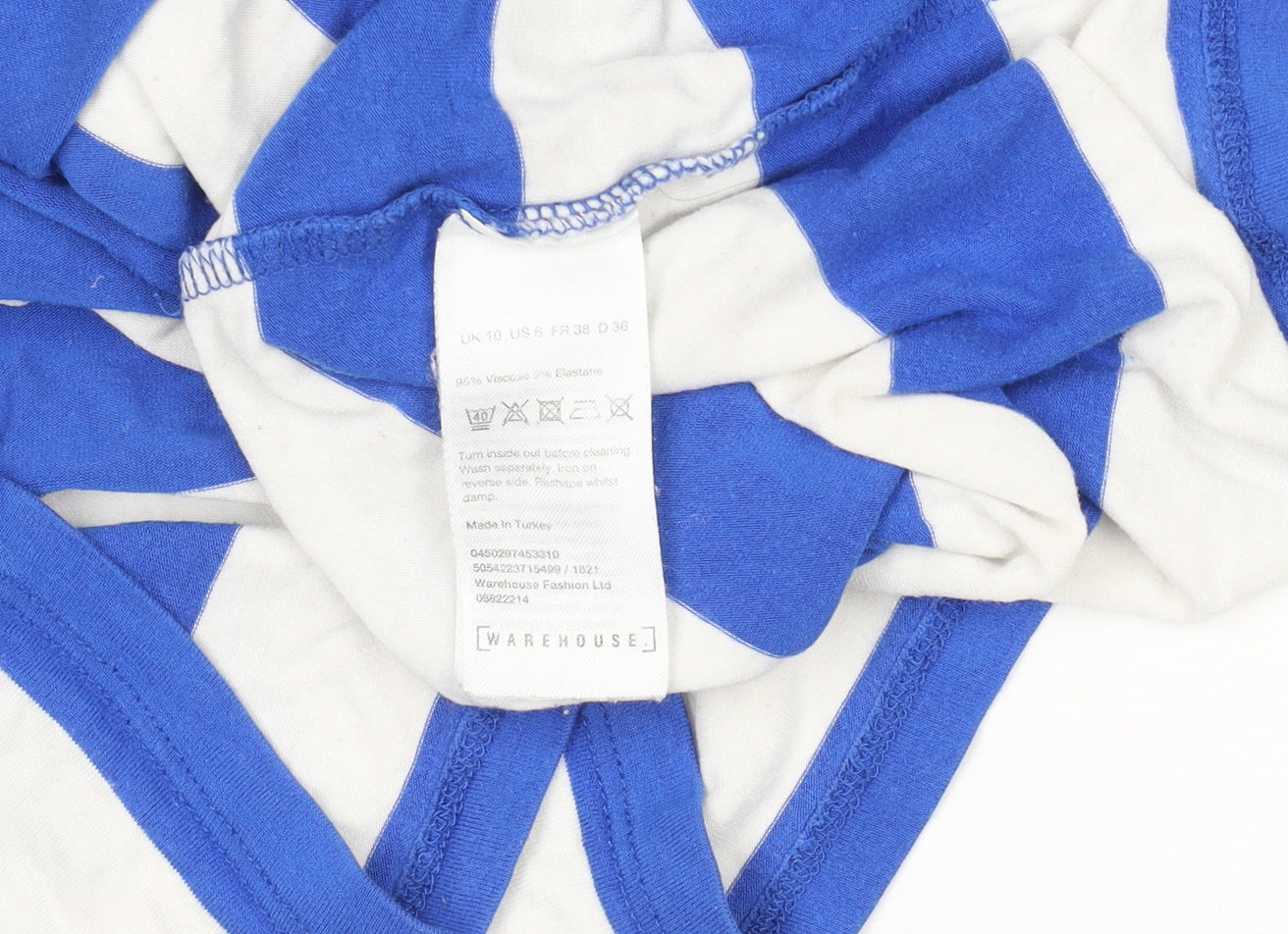 Warehouse Women Blue White Striped Viscose Short Sleeve T-Shirt UK 10