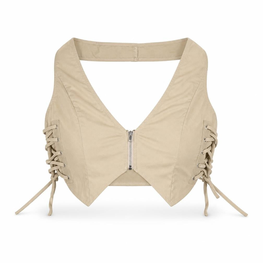 PRETTYLITTLETHING Womens Beige Cropped Lace Up Zip Blouse Size 12