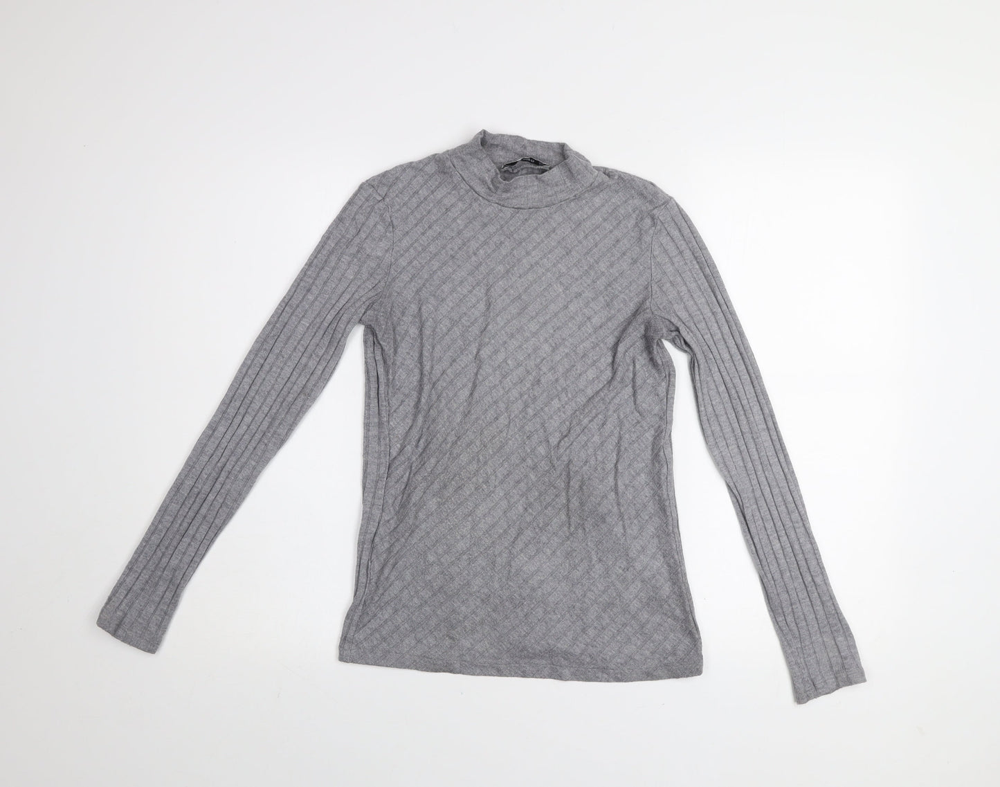 Mango Women Grey Mock Neck Long Sleeve Ribbed Basic Top Size 10