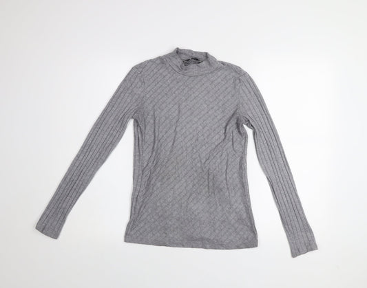 Mango Women Grey Mock Neck Long Sleeve Ribbed Basic Top Size 10