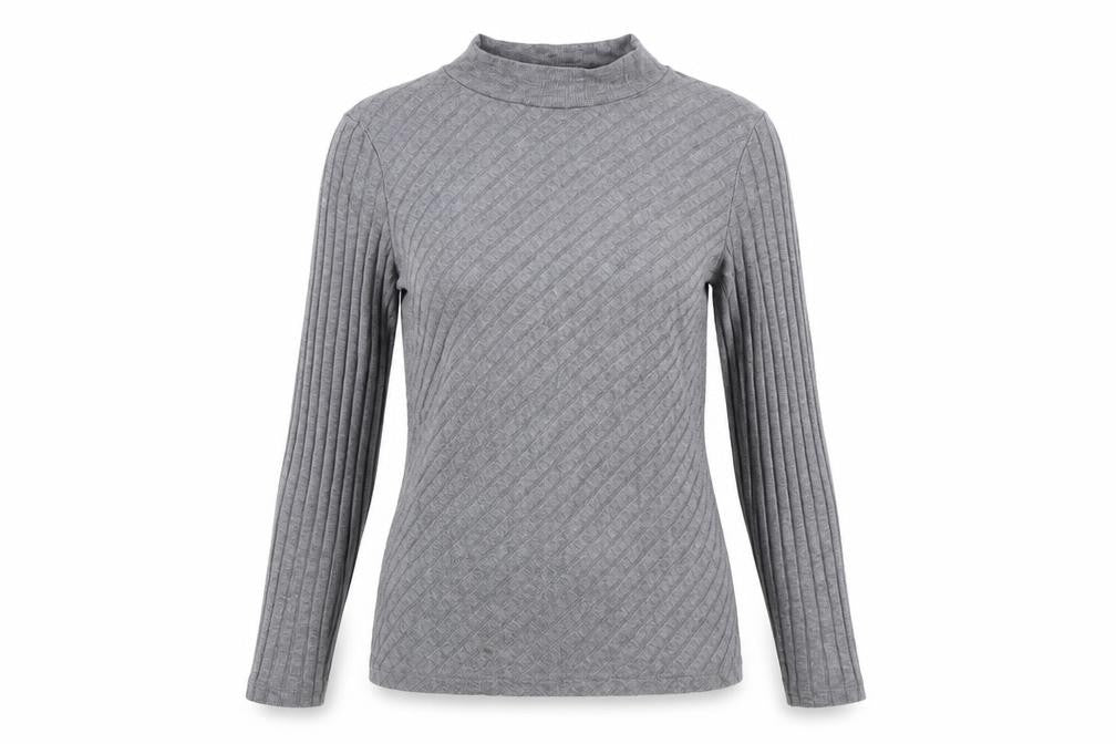 Mango Women Grey Mock Neck Long Sleeve Ribbed Basic Top Size 10