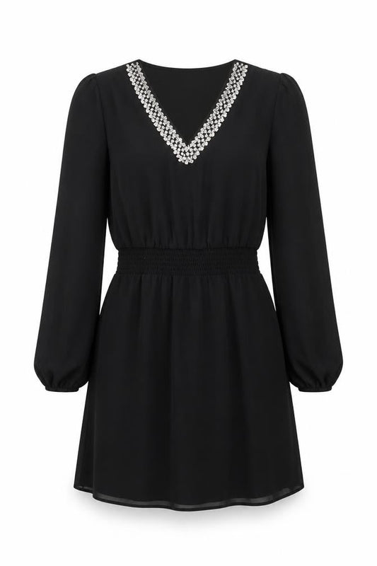 VILA Women's Black A-Line Long Sleeve Beaded V-Neck Short Dress Size 8