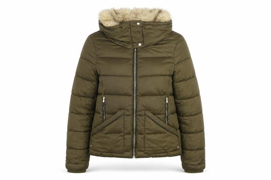 Zara Women Green Faux Fur Trim Hooded Puffer Jacket Size 8