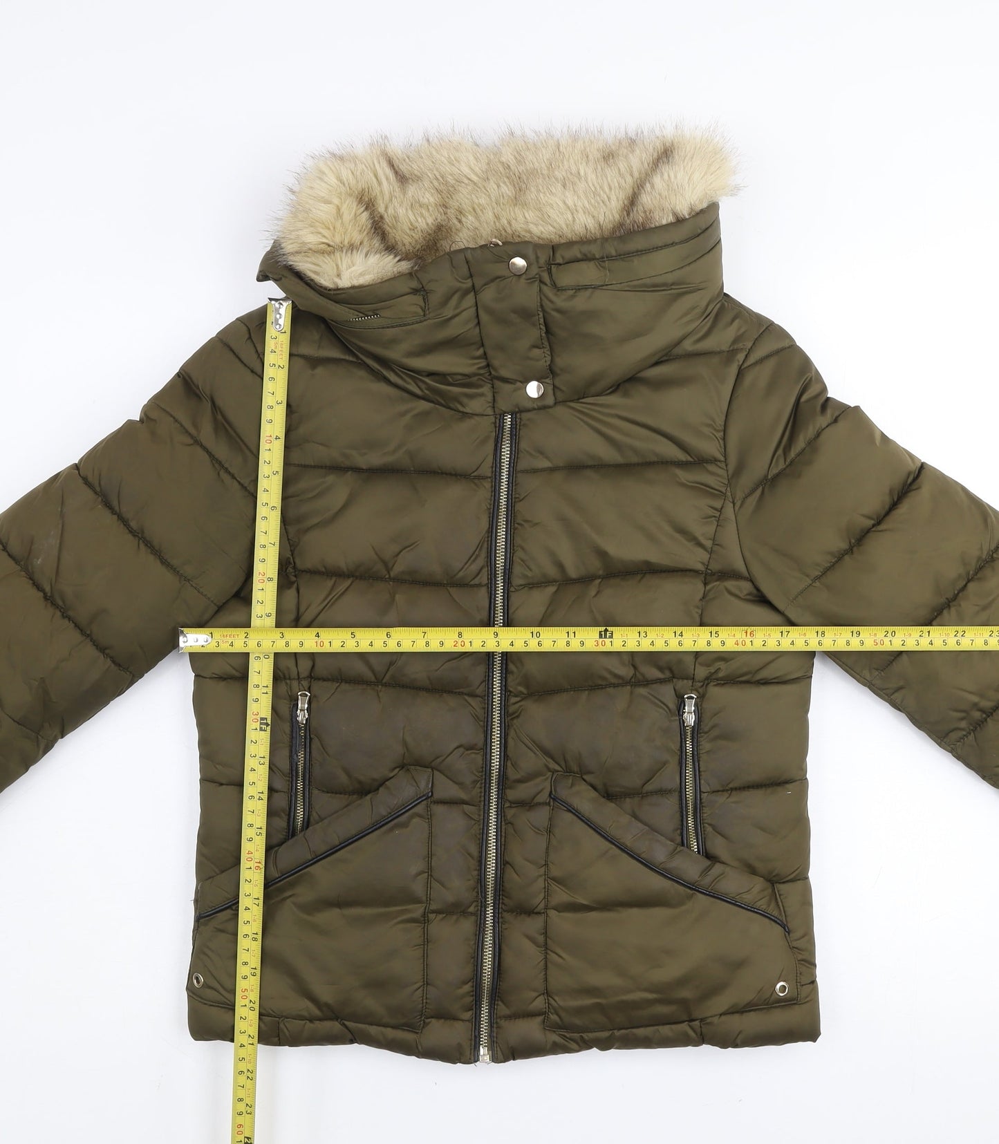 Zara Women Green Faux Fur Trim Hooded Puffer Jacket Size 8