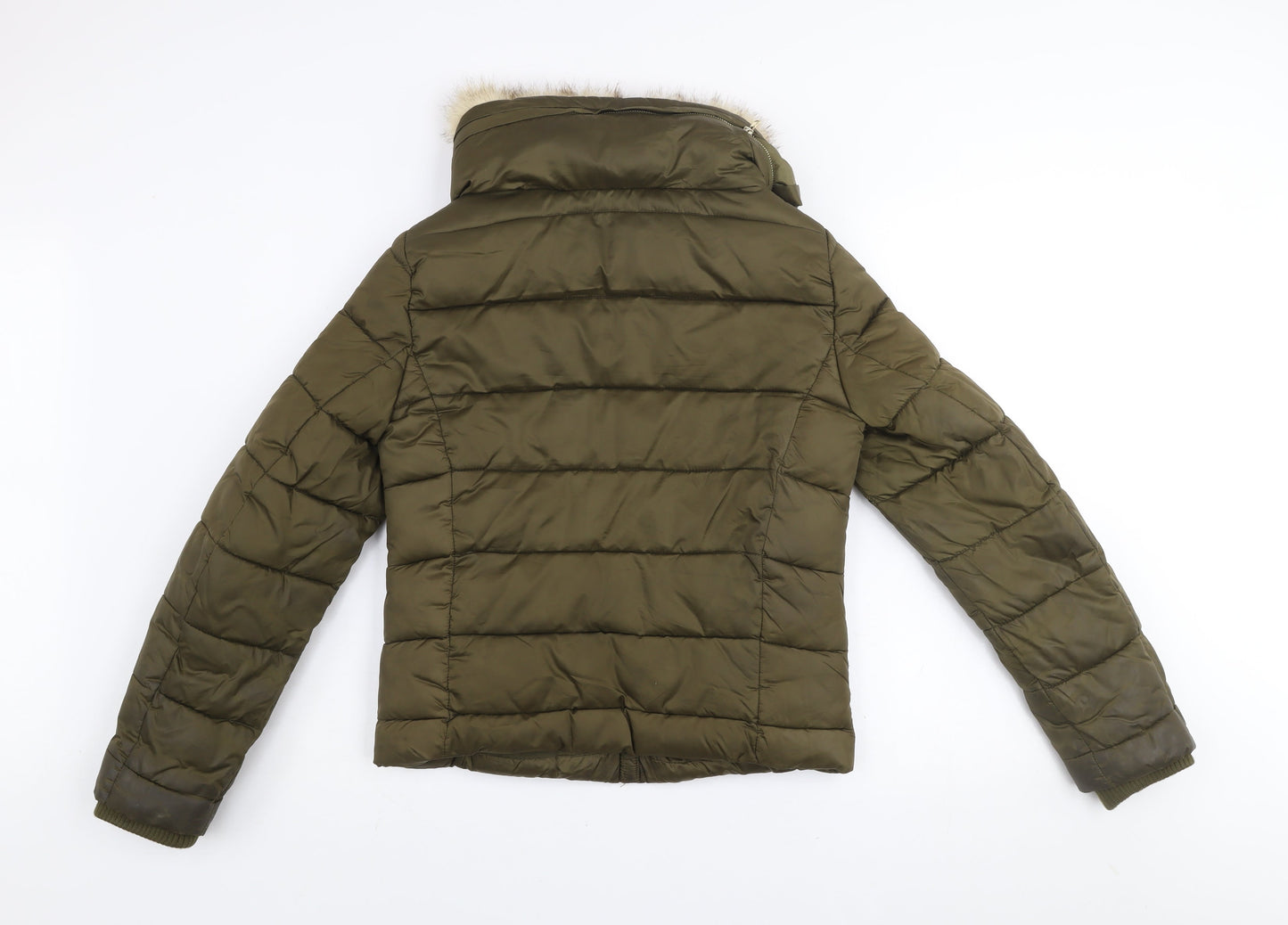 Zara Women Green Faux Fur Trim Hooded Puffer Jacket Size 8