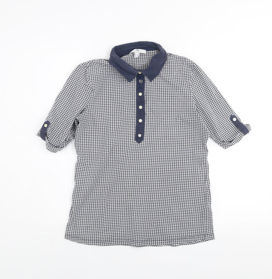 Peter Hahn Women Blue Houndstooth Collared Button-Up Shirt Size 12