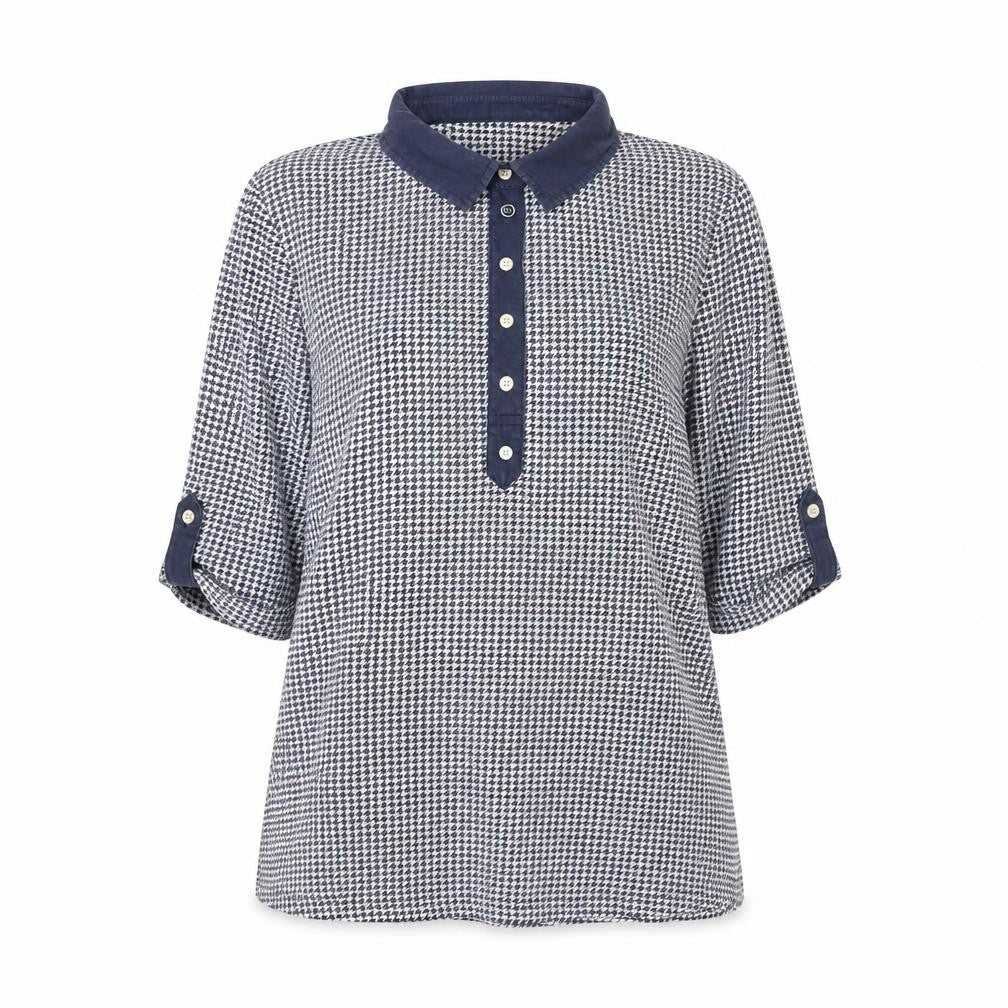 Peter Hahn Women Blue Houndstooth Collared Button-Up Shirt Size 12