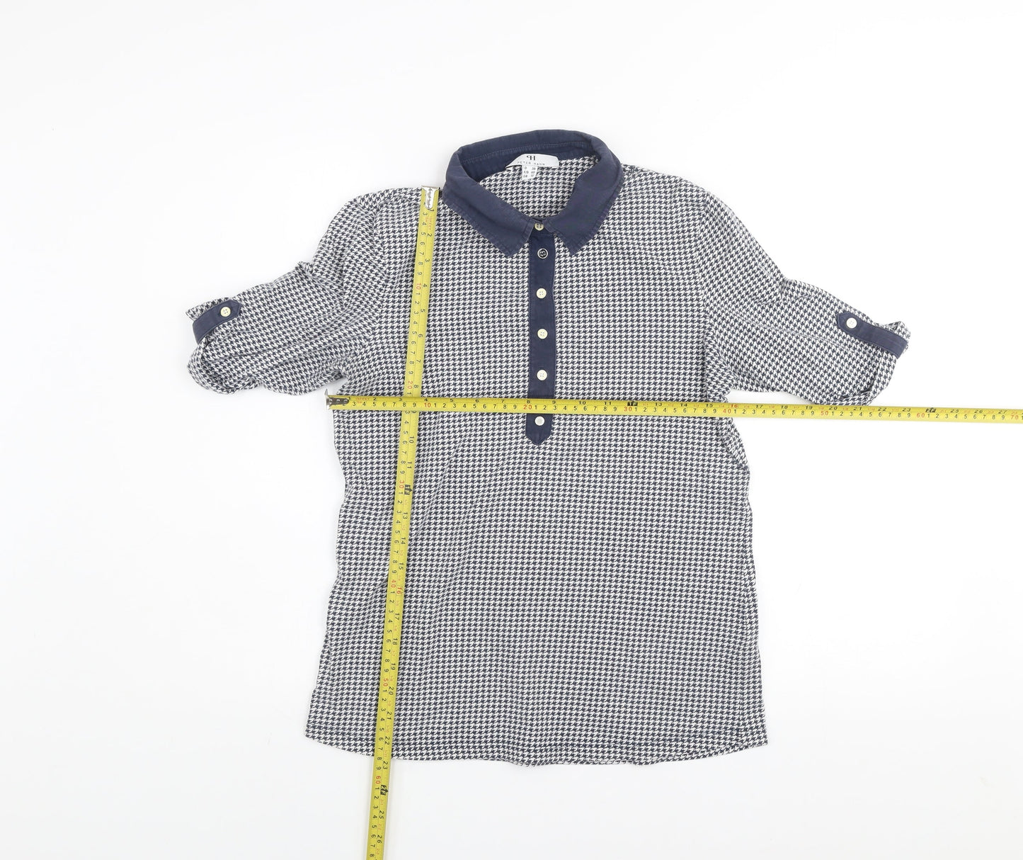 Peter Hahn Women Blue Houndstooth Collared Button-Up Shirt Size 12