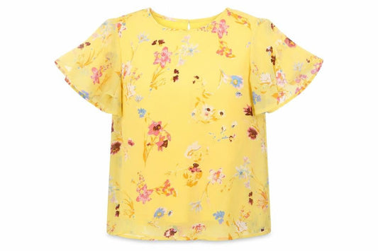 Pieces Women's Yellow Floral Short Sleeve Polyester Blouse Size S
