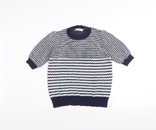 Gallery Women Blue Striped Knit 3/4 Sleeve Crew Neck Blouse Size S