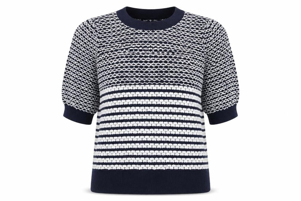 Gallery Women Blue Striped Knit 3/4 Sleeve Crew Neck Blouse Size S