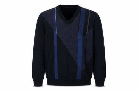 Franco Bencini Collezione Men's Blue Geometric V-Neck Wool Blend Jumper XL
