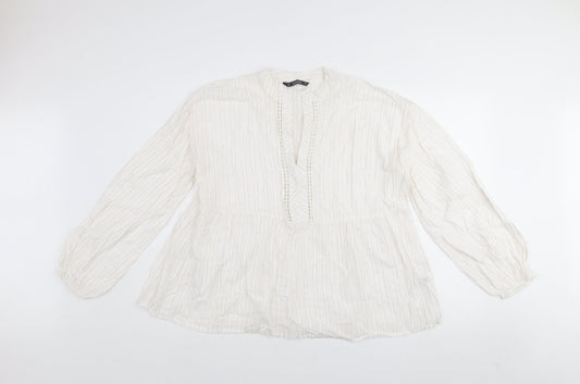 Dunnes Women Ivory Striped Cotton Tunic Blouse Size M