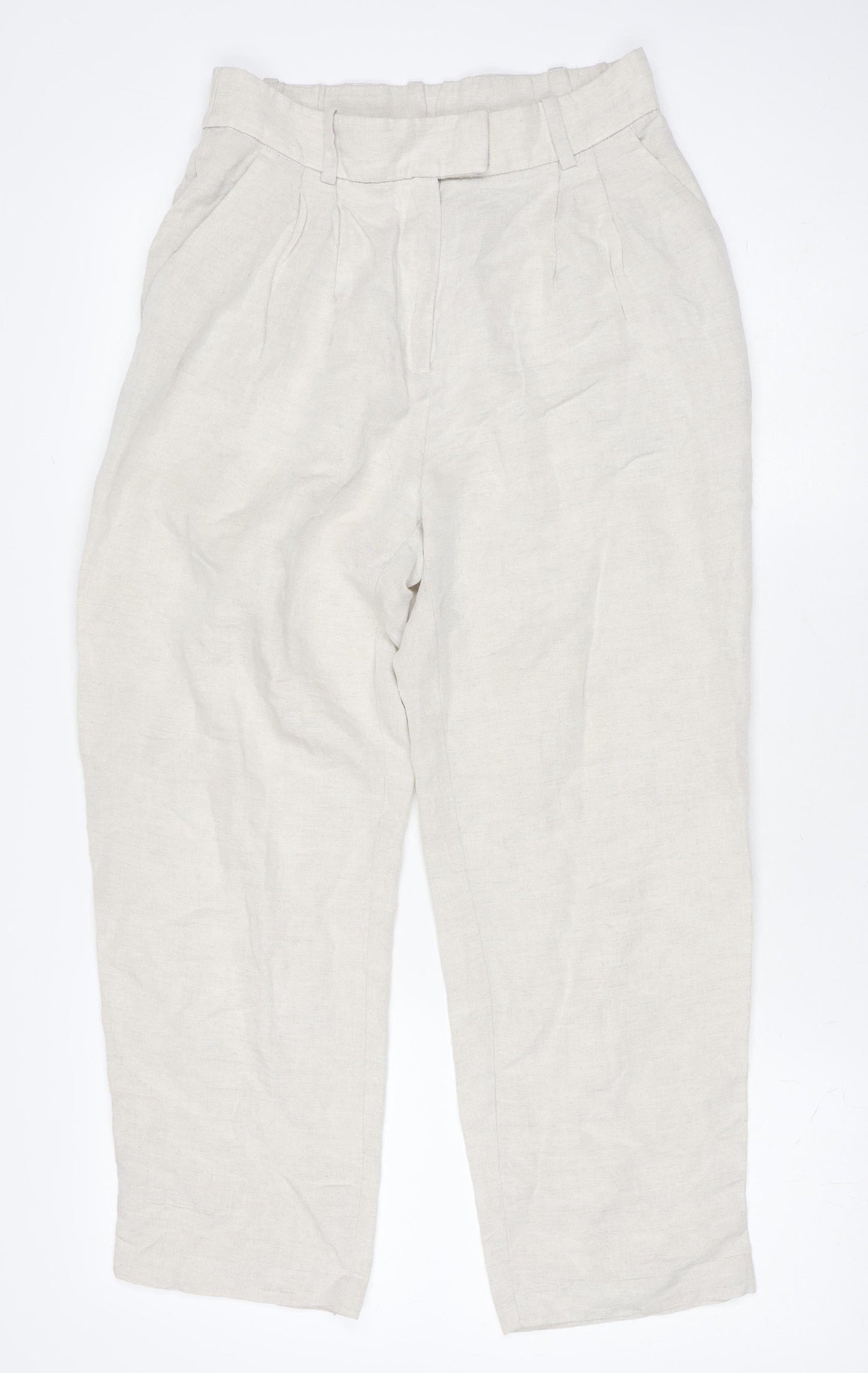 H&M Women Beige Linen Blend Pleated Trousers Size 8 Regular