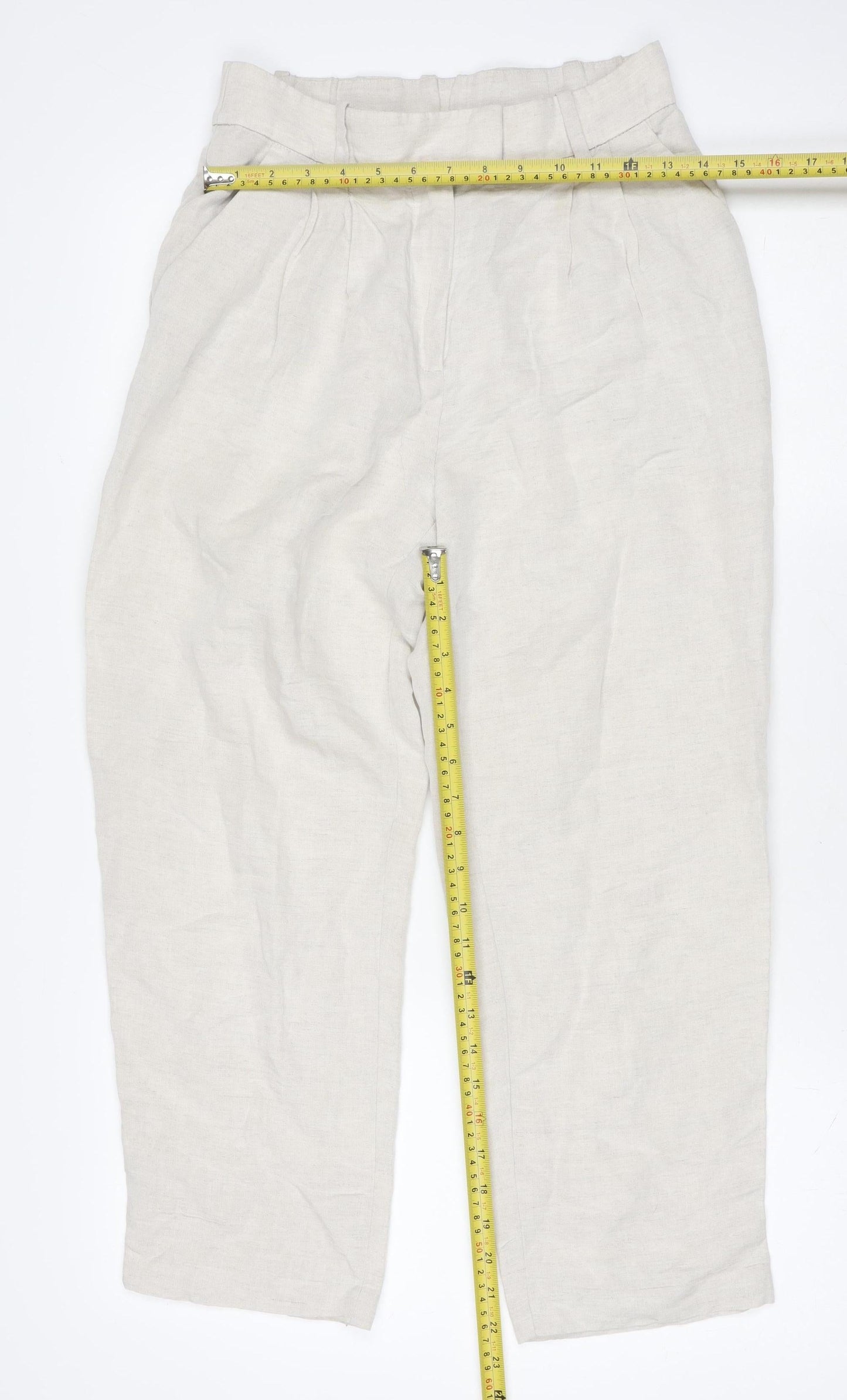 H&M Women Beige Linen Blend Pleated Trousers Size 8 Regular