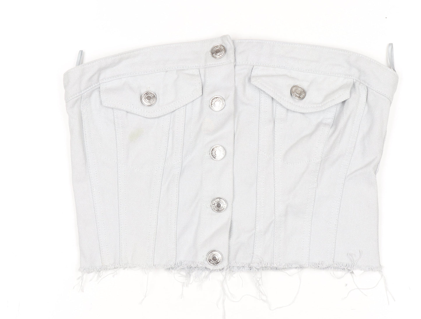 ZARA Women White Cropped Denim Button Strapless Blouse XS