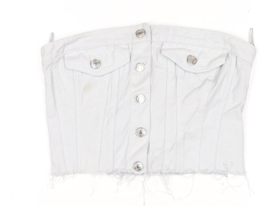 ZARA Women White Cropped Denim Button Strapless Blouse XS