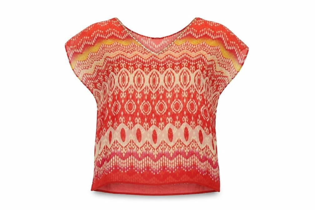 Club Z Collection Women Red Geometric Sheer Tunic Blouse Size L