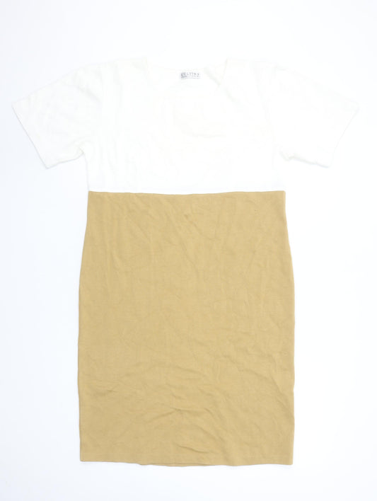 L'Ultima Women's Beige White Cotton Colourblock T-Shirt Dress Size S